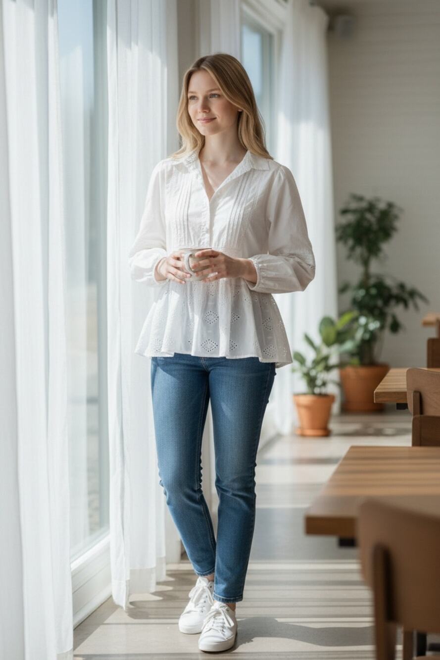 FLAG & ANTHEM Top Size S White Empire Ruffle Collar V Neck